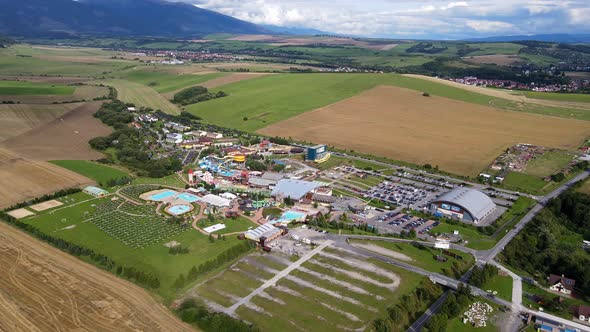 Aerial view of the Tatralandia swimming pool in the town of Liptovsky Mikulas in Slovakia alt