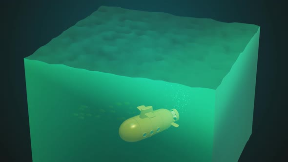 The yellow submarine is swimming underwater and immerging from the ocean.