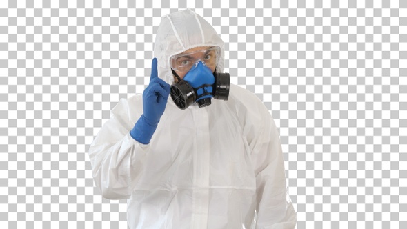 Doctor wearing hazard suit pointing with, Alpha Channel alt