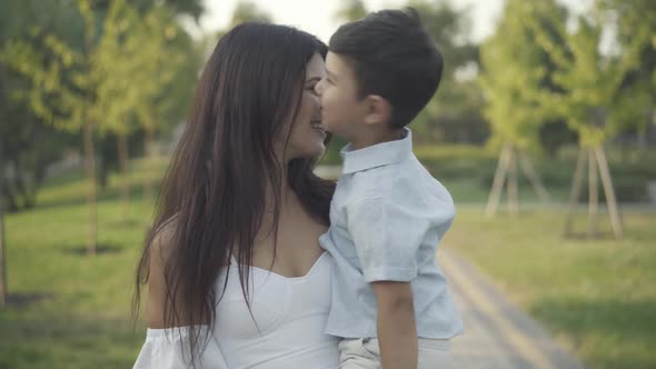 Cute Little Boy Smiling Beautiful Woman Rubbing Noses Turning To Camera Smiling alt