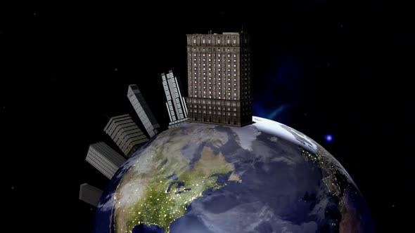 Animation of large skyscrapers in space on planet Earth