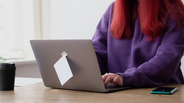 Woman in Purple Hoodie Work at Laptop Sitting at Desk in an Office or Cafe