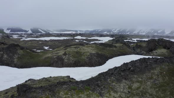 The Magma Stone Field of Gorely Volcano Covered with Fog