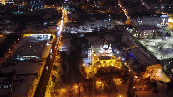 Winter night Kharkiv Monastyr, city aerial view