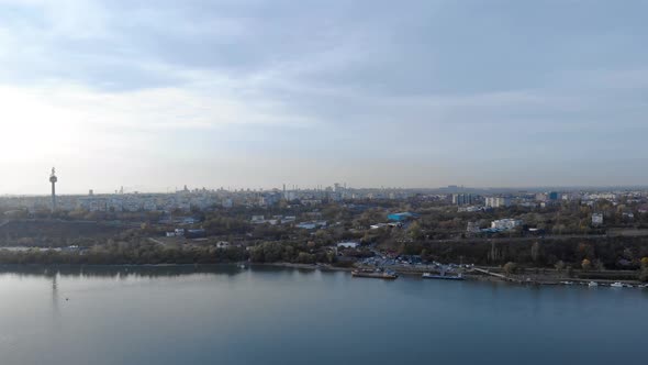 Aerial View On Danube River And Galati City In Romania During Sunset