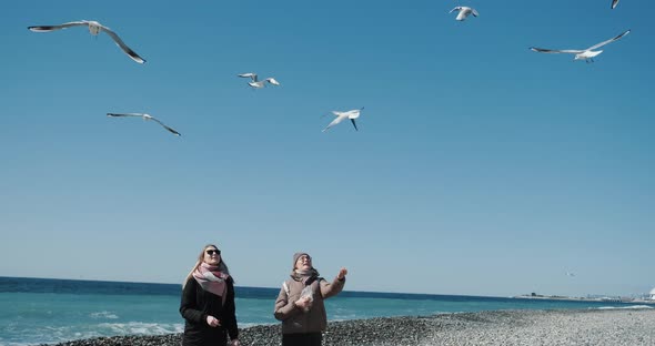Two Women Twins Feeding Gulls on the Sea Beach Seagulls Fly Above Their Heads alt
