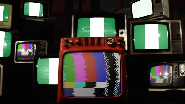 Flag of Nigeria on Stack of Retro Television. alt