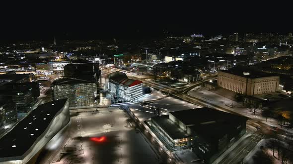 Aerial Shot of the Nighttime Cityscape of Downtown Helsinki During Winter