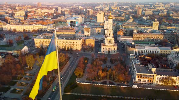 Flag of Ukraine, Kharkiv city center street aerial