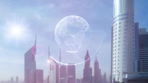 3d Hologram of the Planet Earth Against the Backdrop of the Modern Metropolis