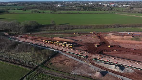 Timelapse, Heavy Plant Machinery Working On High-Speed Railway Construction Coventry Aerial View Win