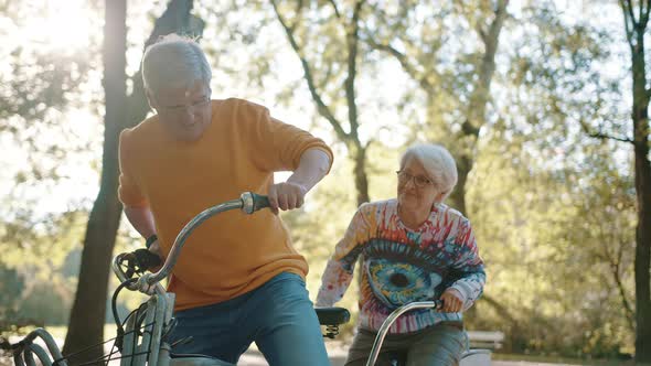 Senior Couple Riding Double Bicycle in Autumn. Grandmother and Grandfather Cycling Together alt