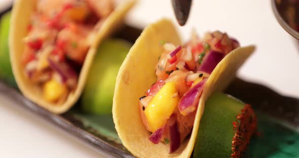 Vegan Tacos With Delicious Salsa Fillings Made Of Chopped Tomatoes, Onions, And Ripe Mangoes Seasone alt