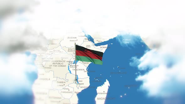 Malawi Map And Flag With Clouds