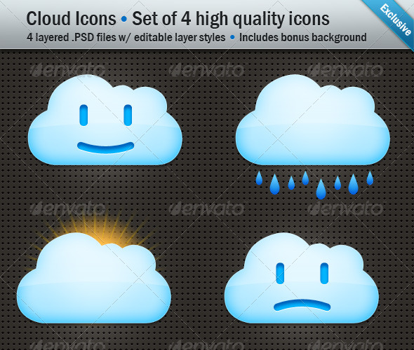 Cloud Icons - Set of 4 Layered .PSD files & .PNG - Web Icons