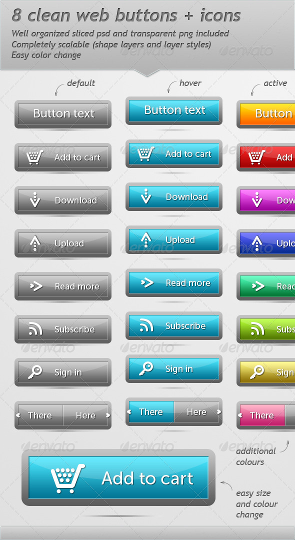 8 Clean Web Buttons + Icons - Buttons Web Elements