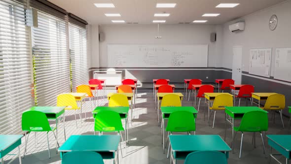 Animation of the empty modern classroom. School during COVID-19.  Education. alt