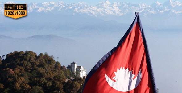 Flag of Nepal in Front of Himalaya Mountains
