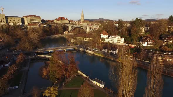 Aerial view of a river in the city alt