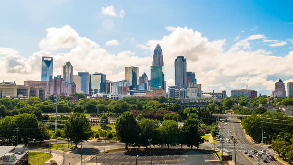 Charlotte Skyline Time Lapse with Clouds over North Carolina Cityscape 4K alt