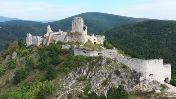 Aerial view of Cachtice Castle in the village of Cachtice in Slovakia alt