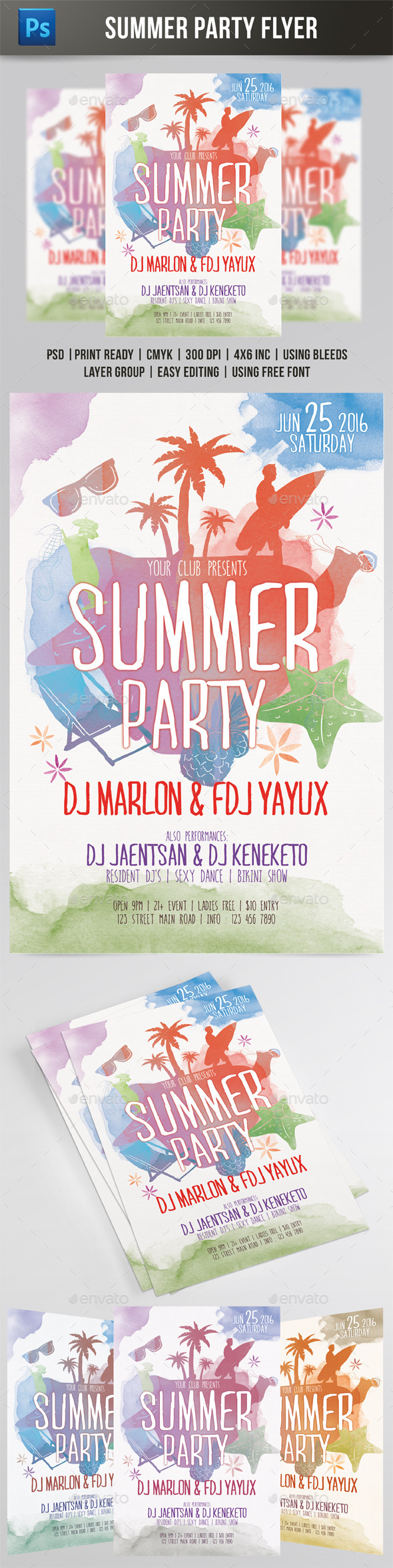 Summer Party Watercolor Style Flyer - Events Flyers