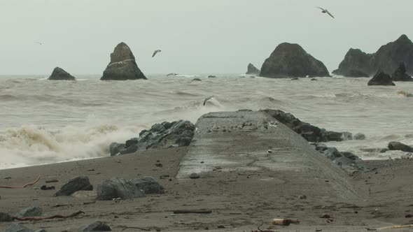 Slow motion wide shot as a wave crashes into a rock. Seagulls can be seen flying around and dramatic alt