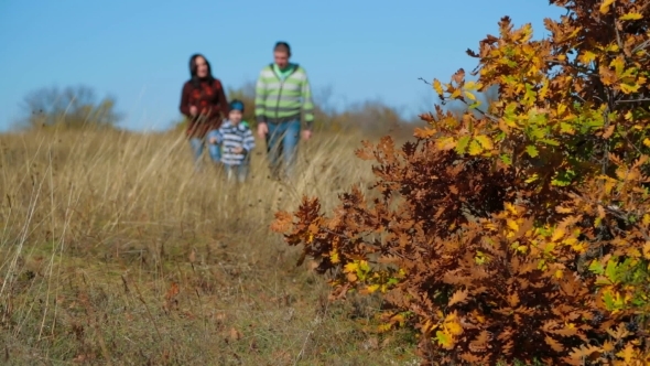 Family Walking In Autumn Meadow