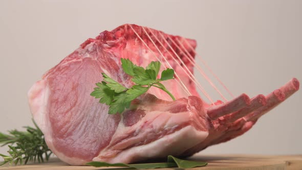 Pork ribs on turntable, Roasted pork ribs with bone, Entrecote, Roasted fresh meats