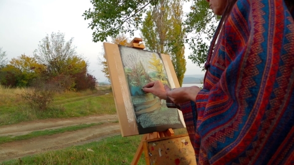 Brown Haired Woman  Drawing A Picture At Plein Air