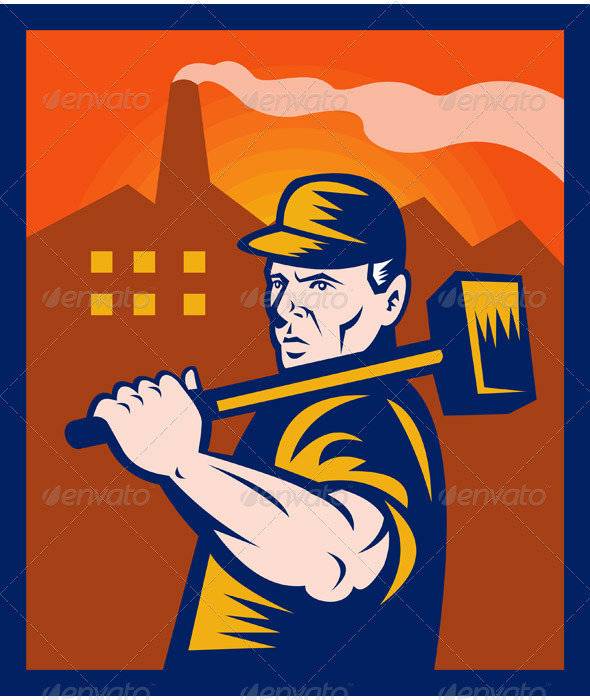 Factory Worker Laborer With Hammer And Building - People Characters
