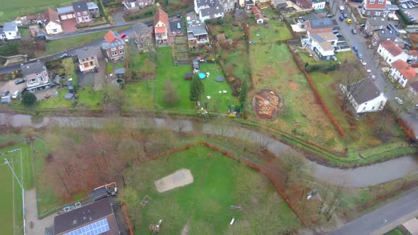 Serie of 5 Drone flight in winter of the village Schin op Geul in Limburg The Netherlands. We see ho alt
