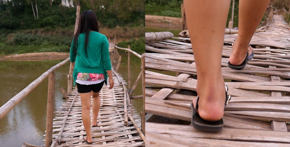 Asian Girl Walking On Bamboo Bridge alt