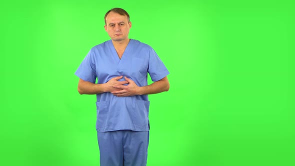 Medical Man Feels Very Bad, His Stomach Hurts, Green Screen alt