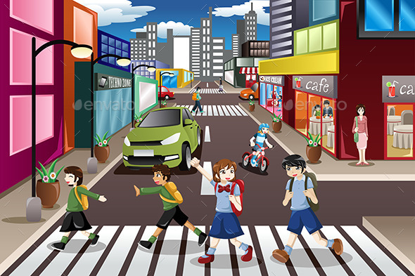 Kids Crossing the Street - People Characters