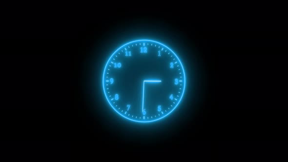 Cyan Neon Light Analog Clock Isolated Animated On Black Background alt