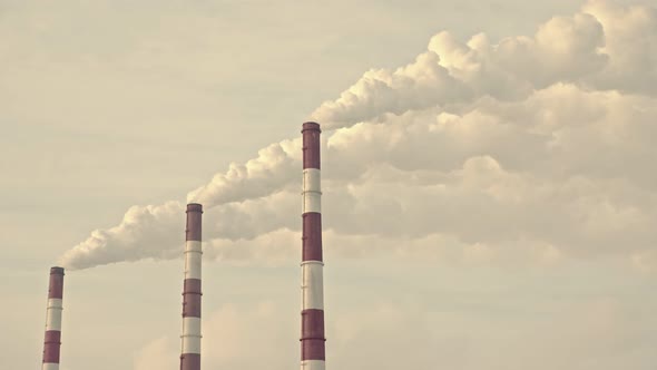 White Smoke From the Chimneys of a Thermal Power Plant Against the Background of the Winter Sky alt