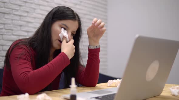 Illness Woman Working with Laptop Have Runny Nose Sick in Office Use Napkin