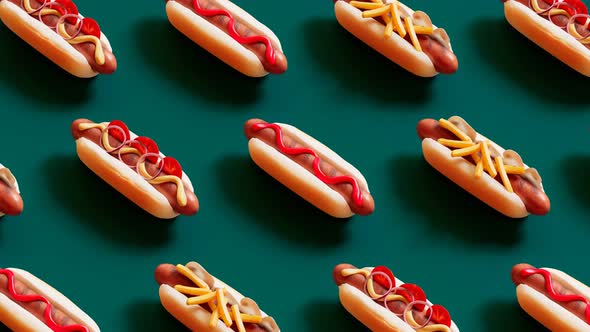 Tasty hot dogs in rows are jumping and moving together in one direction. Loop. alt