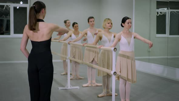 Back View Ballet Teacher Showing Movement Talking to Group of Students Rehearsing in Studio alt