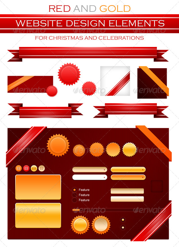 Red/Golden Badges, Ribbon and Website Elements - Web Elements