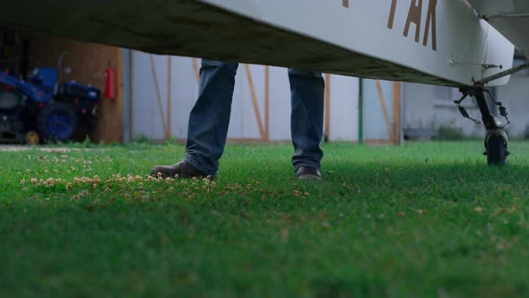 Pilot Legs Walking Grass Near Plane Ready Flight alt