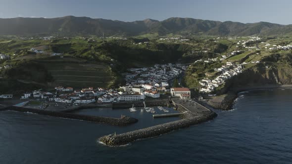 Aerial view of Povoacao township, Azores, Portugal. alt