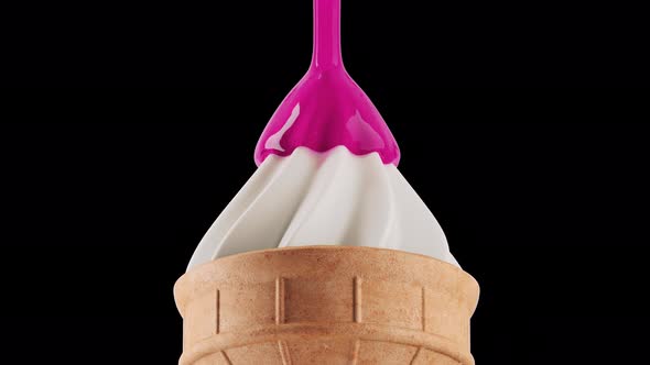 Closeup of Syrup Pouring on Ice Cream with Alpha Channel