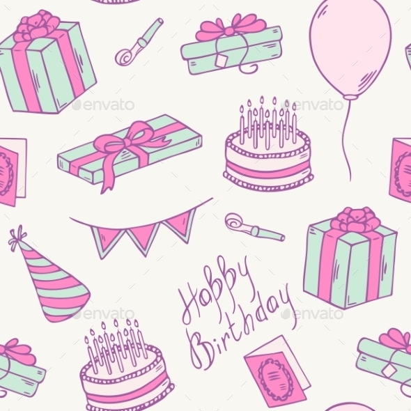 Birthday party vector seamless pattern. Outline illustrations of cake