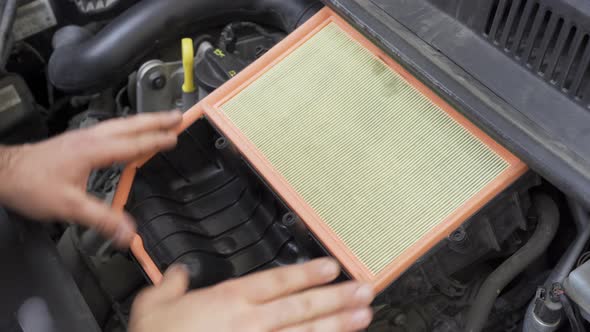 Caucasian Man Putting in New Air Filter in Car Engine Bay