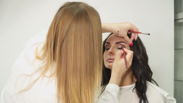 Professional make-up artist with a brush applies eye shadow to a young woman