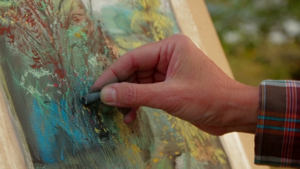 Painter Drawing A Picture Of Autumn Landscape.