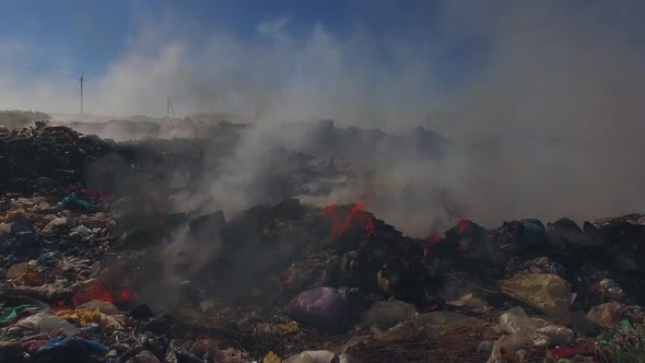 Big Heap Of Garbage Burning At Landfill