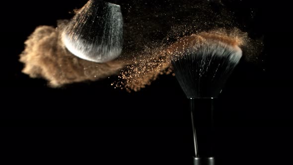 Super Slow Motion Closeup Shot of Makeup Powder Falling From Facial Brush at 1000Fps alt